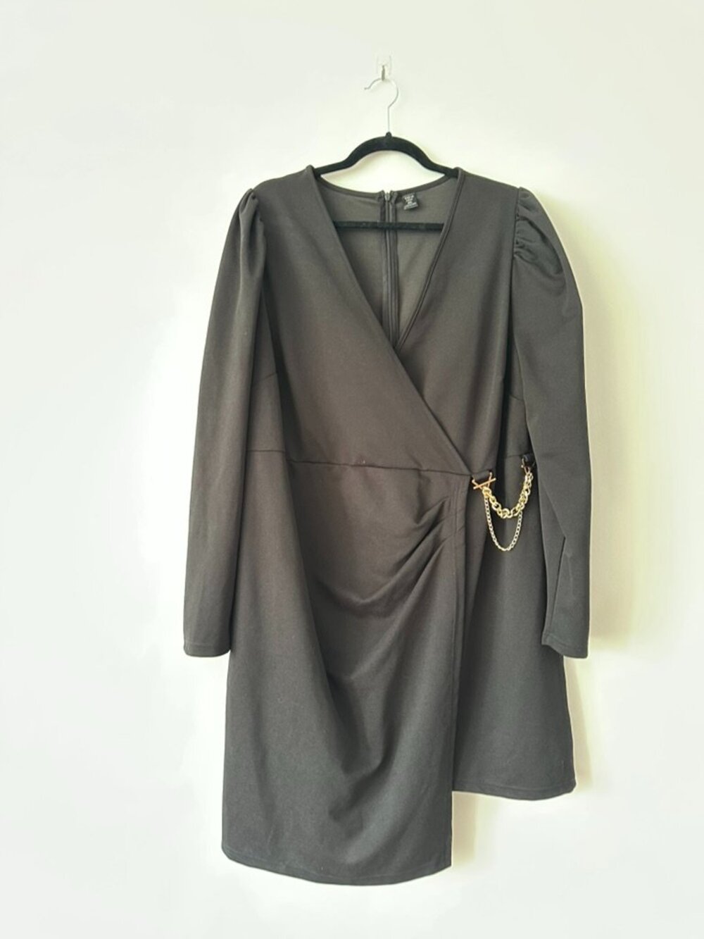 Black Faux Wrap Dress with Chain Detail